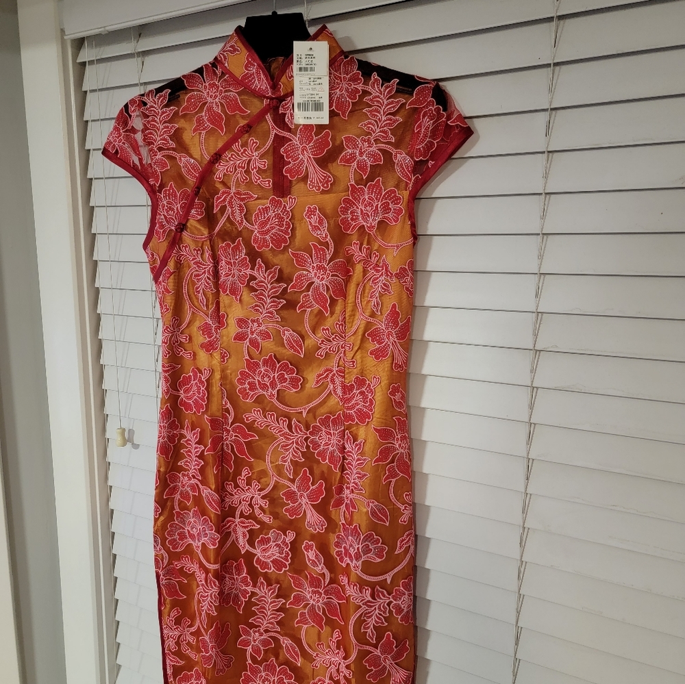  flower cheongsam Color: bright red size: 160/84(M